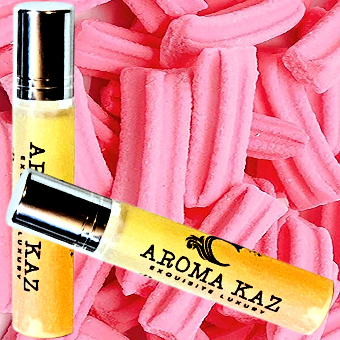 Pink Musk Sticks Fragrance Roll On – vegan, cruelty-free perfume roll on featuring sweet musk candy aroma, handmade in Australia.