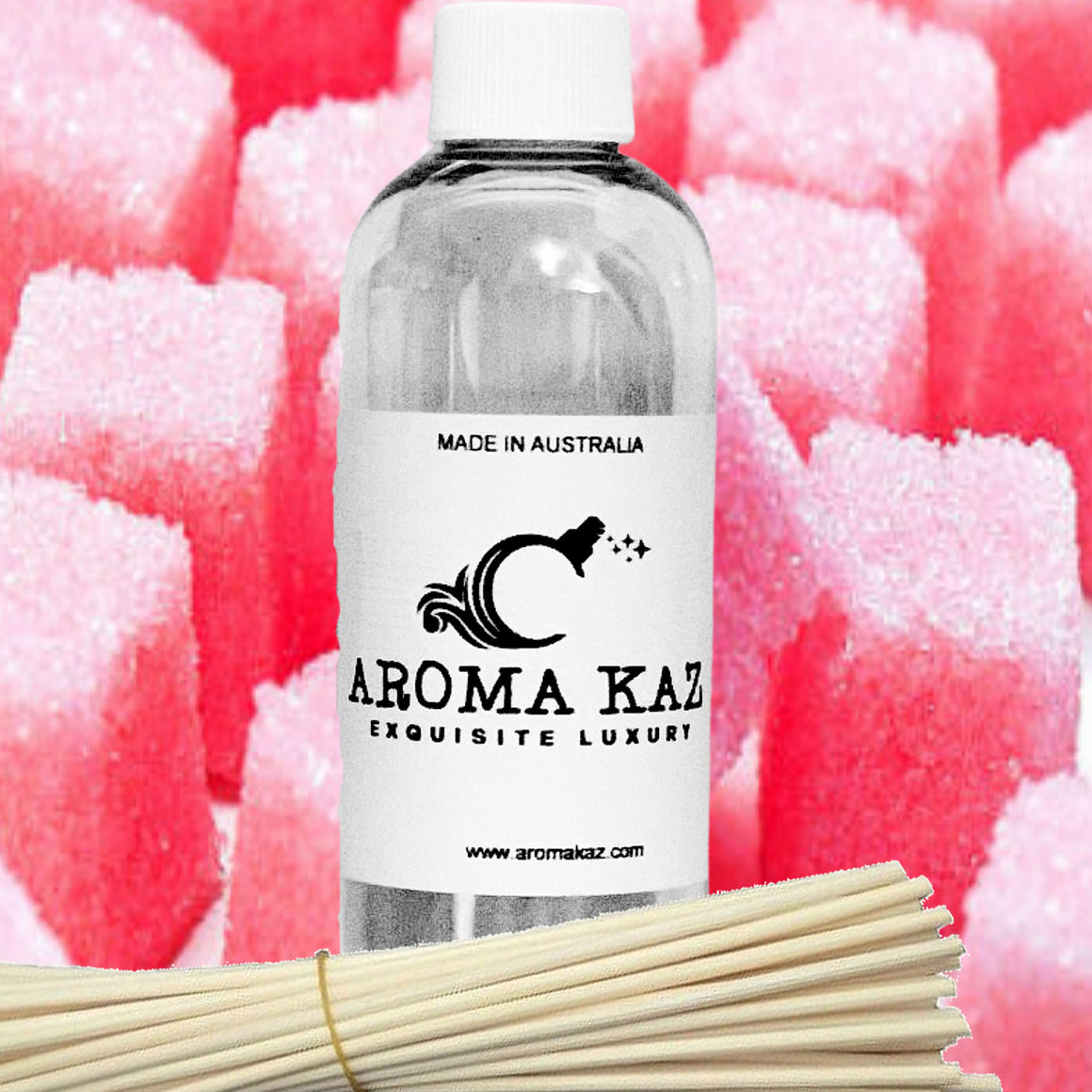 Pink Sugar Cubes Diffuser Fragrance Oil Refill – vegan, cruelty-free featuring pink sugary candy sweetness and pink musk hints, handmade in Australia.