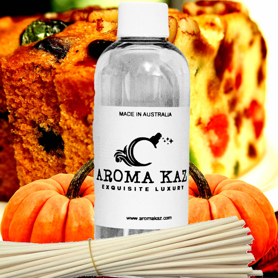 Pumpkin Fruit Cake Diffuser Fragrance Oil Refill – vegan, cruelty-free featuring spiced pumpkin and rich fruity cake notes, handmade in Australia.
