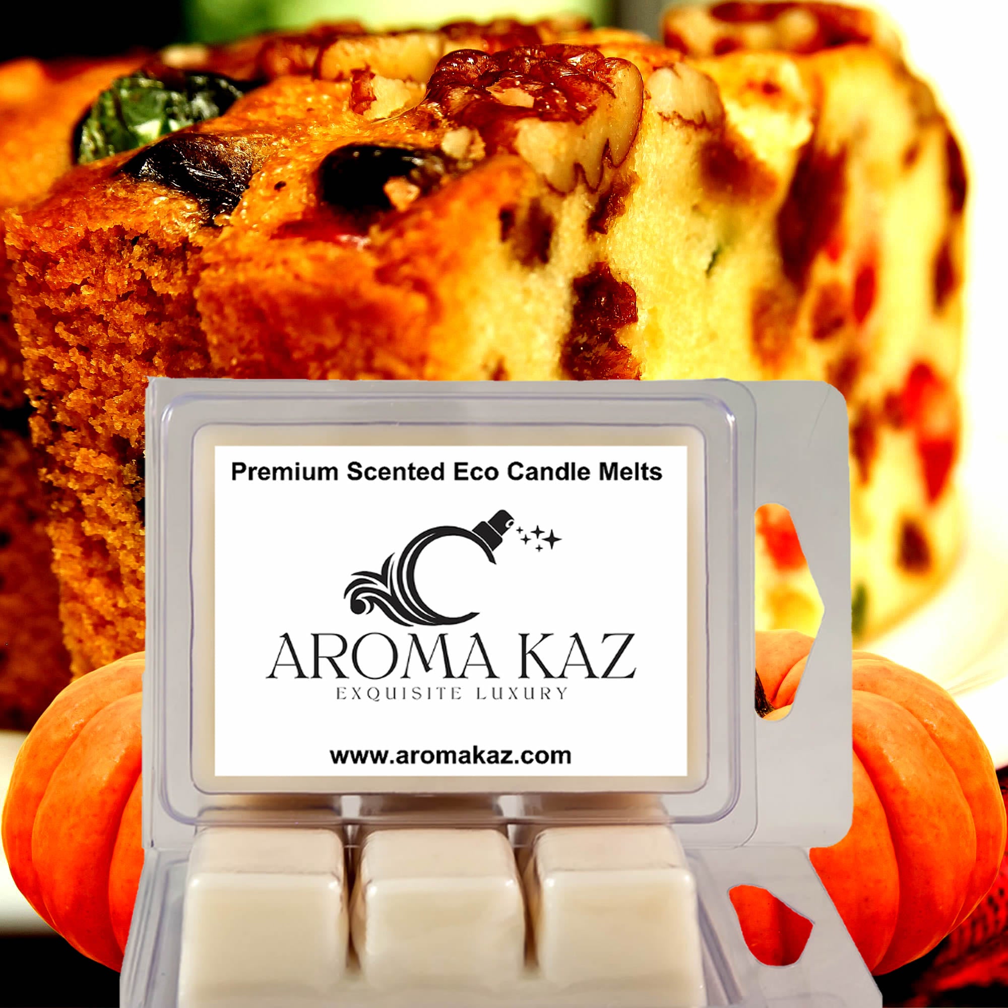 Pumpkin Fruit Cake eco soy wax melts – vegan, cruelty-free featuring spiced pumpkin and rich fruity cake notes, handmade in Australia.