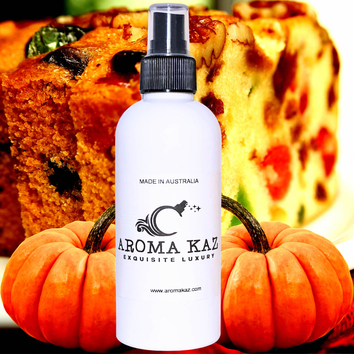 Pumpkin Fruit Cake Body Spray Mist – vegan, cruelty-free body spray featuring spiced pumpkin and rich fruity cake notes, handmade in Australia.