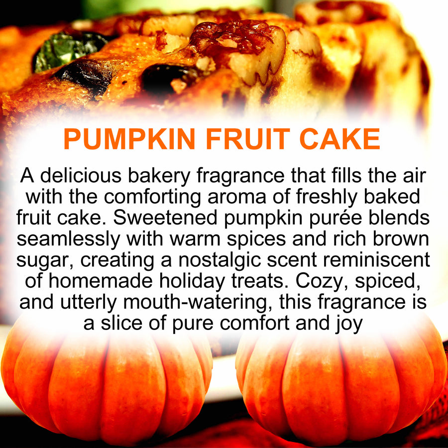 Pumpkin Fruit Cake fragrance oil for candle making, soap making and perfume blending – vegan, cruelty-free featuring spiced pumpkin and rich fruity cake notes, handmade in Australia.