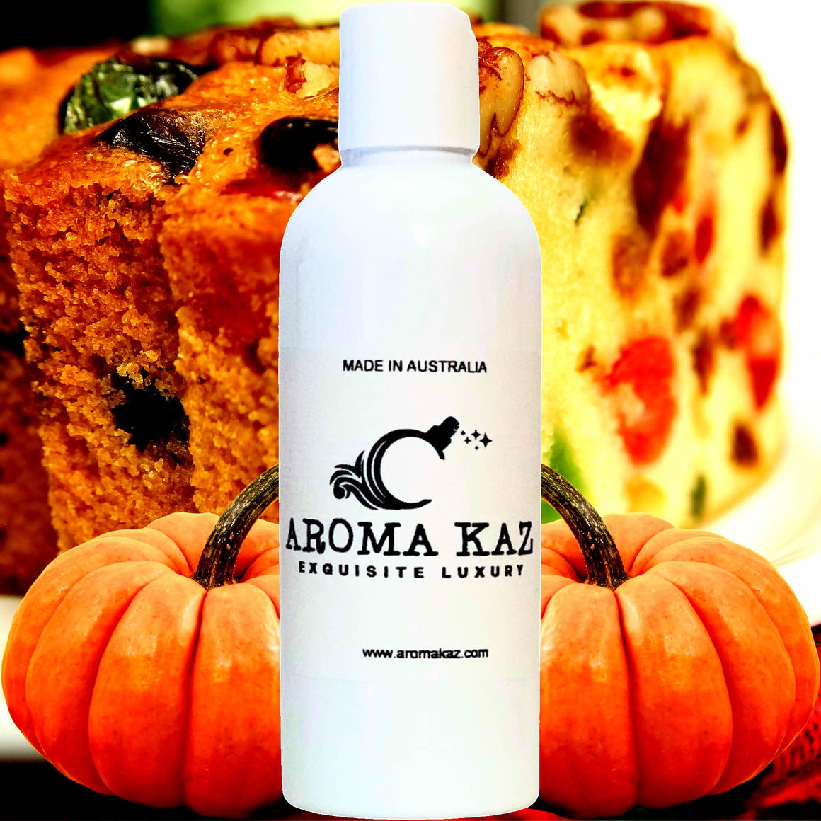 Pumpkin Fruit Cake Bath Body Massage Oil – vegan, cruelty-free, enriched with Vitamin E. Handmade in Australia, long-lasting fragrance, suitable for all skin types and perfect as a gift for him or her.
