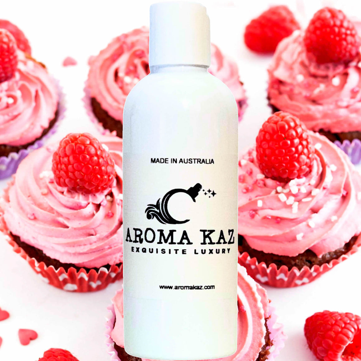 Raspberry Cream Cupcakes Bath Body Massage Oil – vegan, cruelty-free, enriched with Vitamin E. Handmade in Australia, long-lasting fragrance, suitable for all skin types and perfect as a gift for him or her.