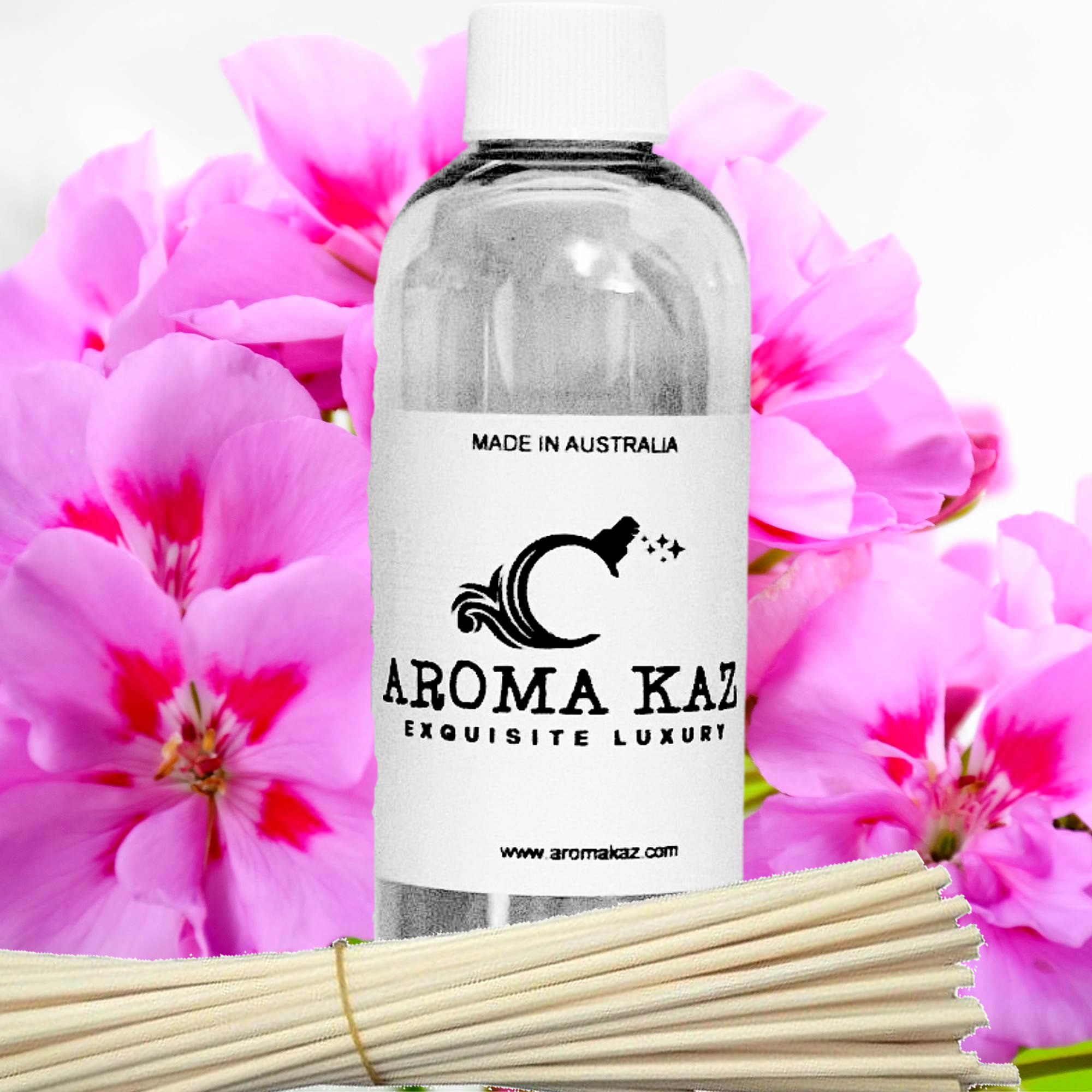 Rose Geranium Diffuser Fragrance Oil Refill – vegan, cruelty-free featuring fresh roses and geranium florals, handmade in Australia.