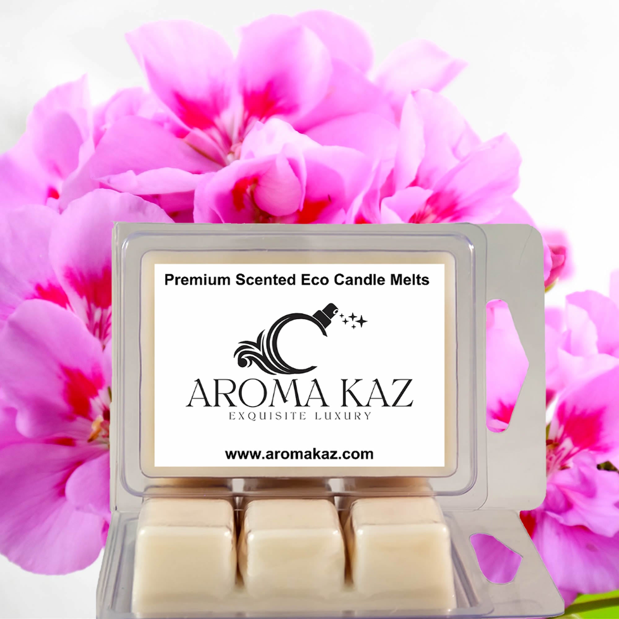 Rose Geranium eco soy wax melts – vegan, cruelty-free featuring fresh roses and geranium florals, handmade in Australia.