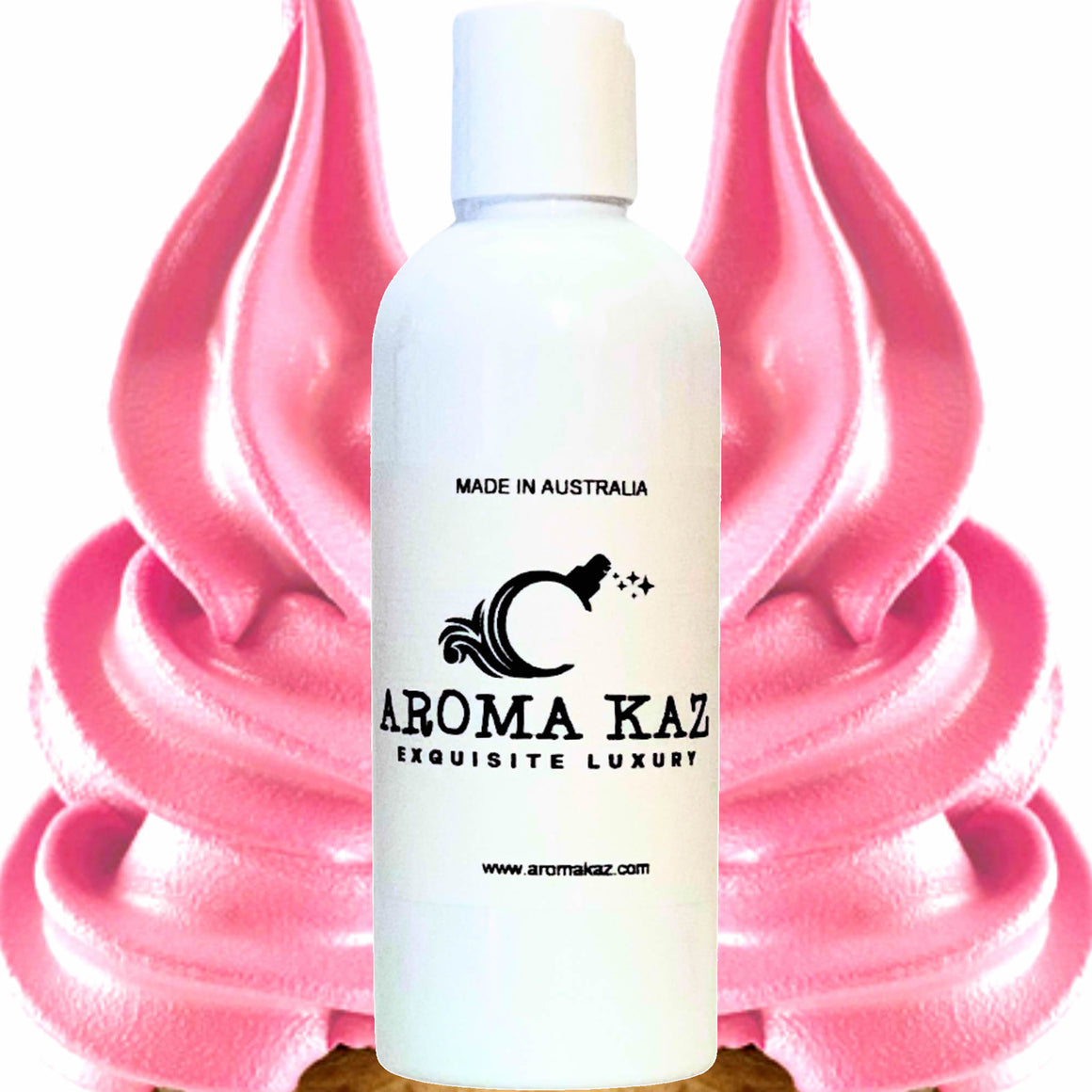 Strawberry Buttercream Body Massage Oil – vegan, cruelty-free, plant-based hydrating oil with sweet strawberry frosting aroma, handmade in Australia.