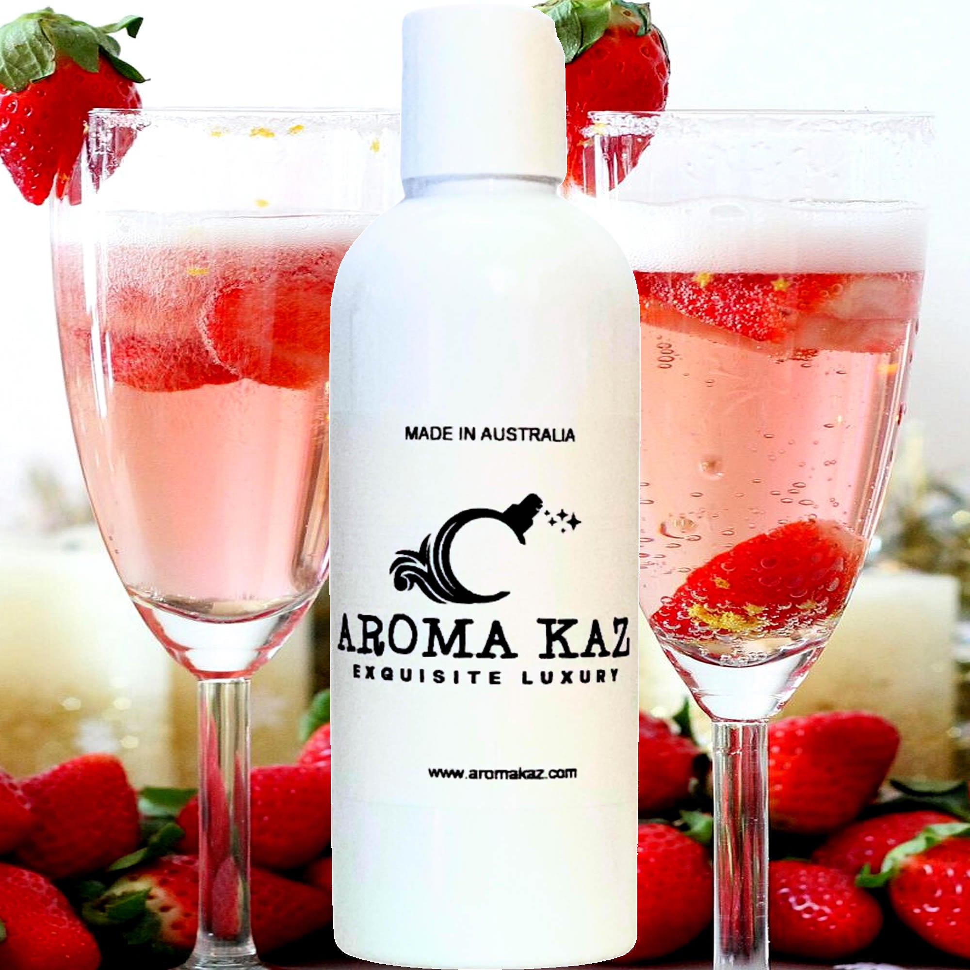 Strawberry Champagne Body Massage Oil – vegan, cruelty-free, plant-based hydrating oil with sparkling champagne and sweet strawberries, handmade in Australia.