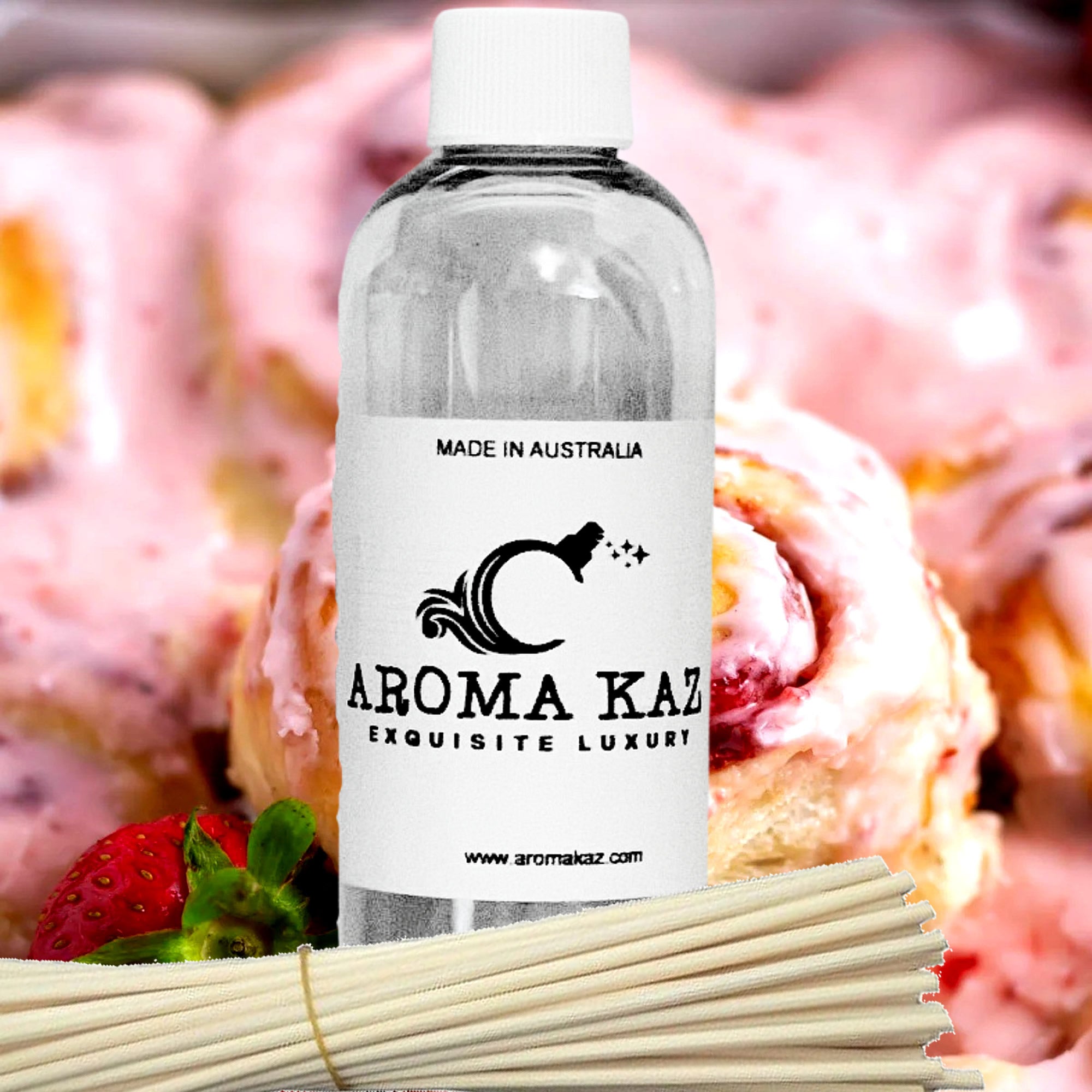 Strawberry Cinnamon Buns Diffuser Fragrance Oil Refill – vegan, cruelty-free featuring warm cinnamon buns and sweet strawberries, handmade in Australia.