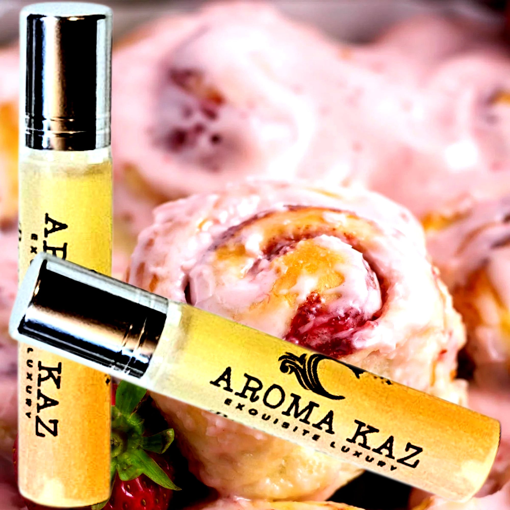 Strawberry Cinnamon Buns Fragrance Roll On – vegan, cruelty-free perfume roll on featuring warm cinnamon buns and sweet strawberries, handmade in Australia.