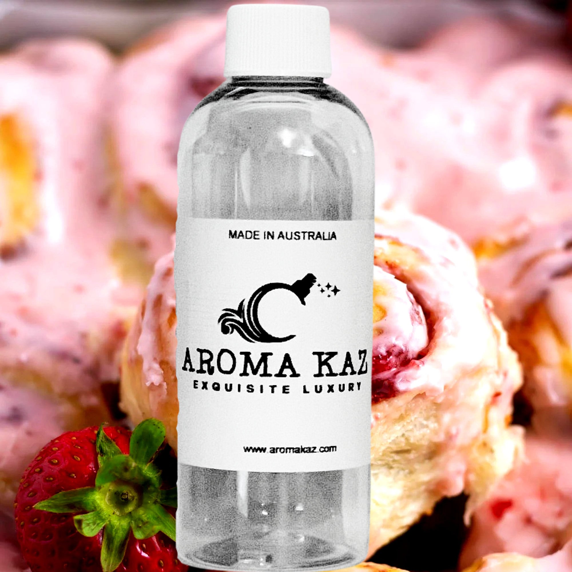 Strawberry Cinnamon Buns fragrance oil for candle making, soap making and perfume blending – vegan, cruelty-free featuring warm cinnamon buns and sweet strawberries, handmade in Australia.
