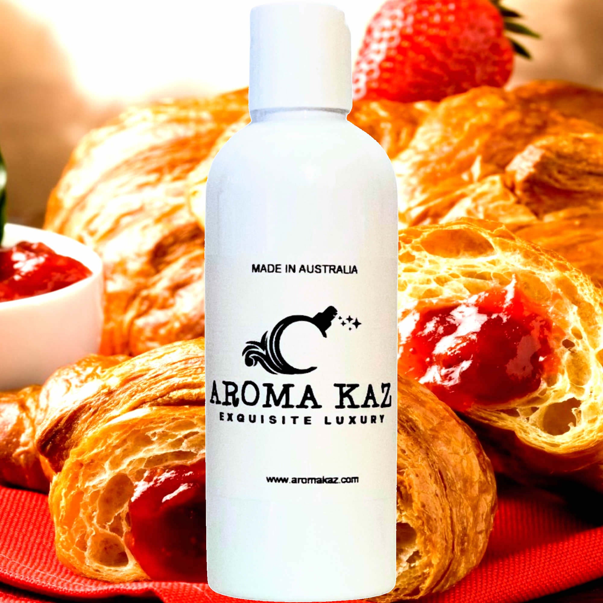 Strawberry Croissants Body Massage Oil – vegan, cruelty-free, plant-based hydrating oil with flaky pastry and sweet strawberry filling, handmade in Australia.
