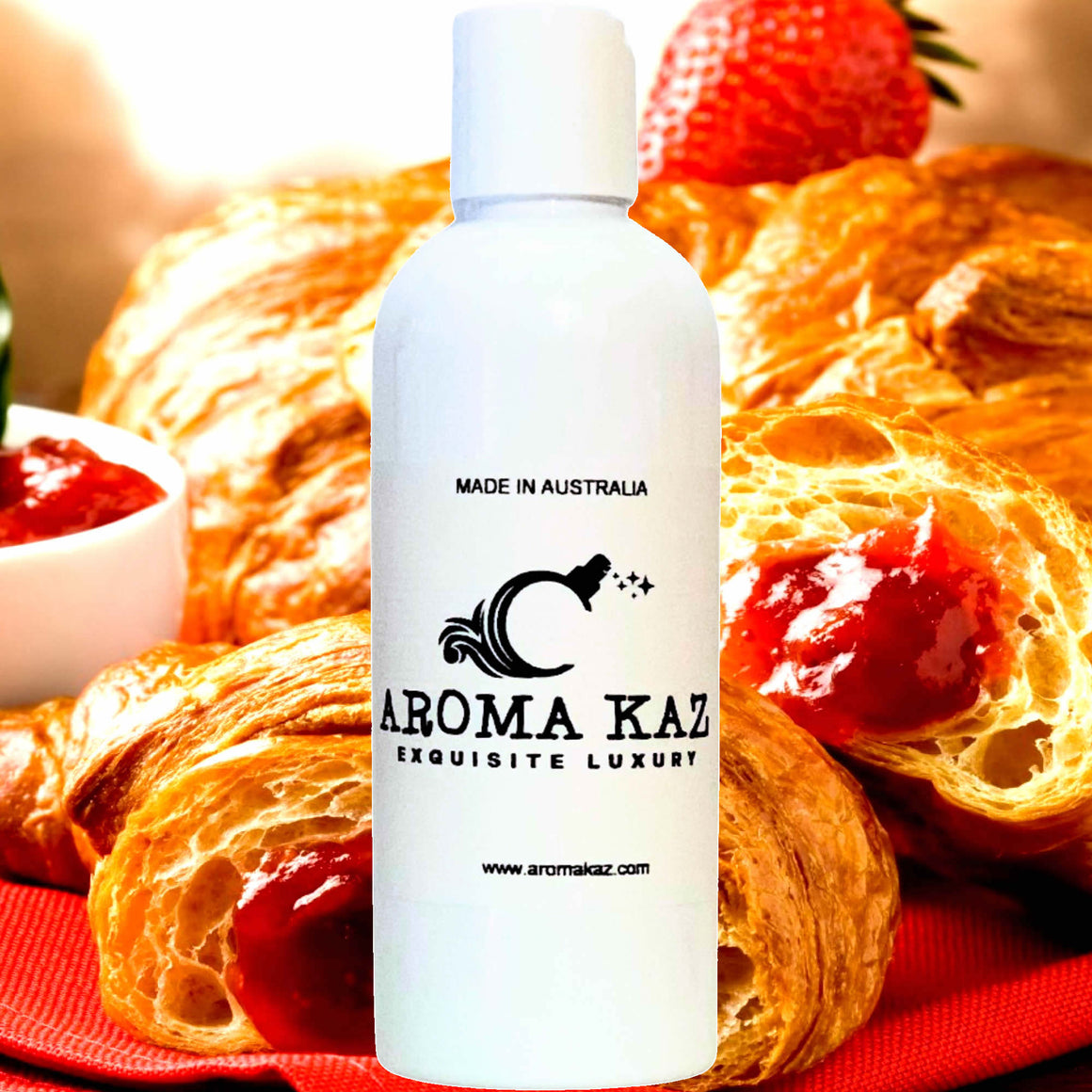 Strawberry Croissants Body Massage Oil – vegan, cruelty-free, plant-based hydrating oil with flaky pastry and sweet strawberry filling, handmade in Australia.