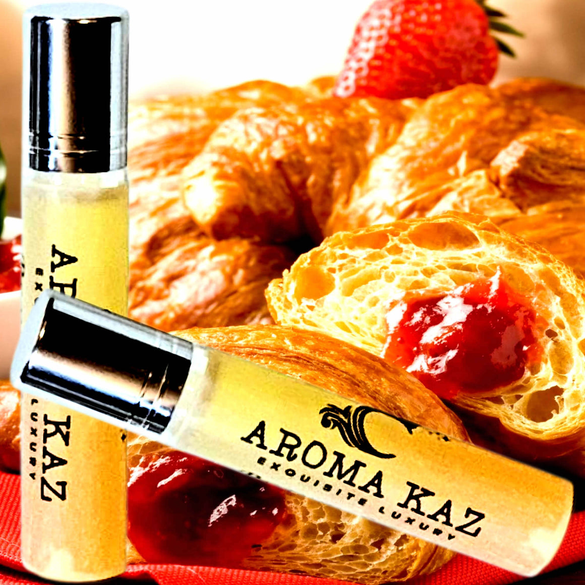 Strawberry Croissants Fragrance Roll On – vegan, cruelty-free perfume roll on featuring flaky pastry and sweet strawberry filling, handmade in Australia.