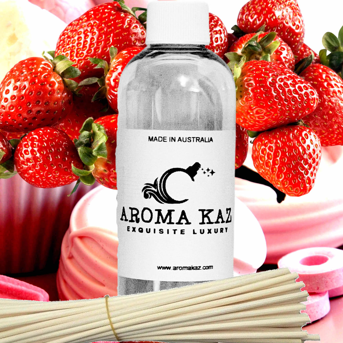 Strawberry Musk Diffuser Fragrance Oil Refill – vegan, cruelty-free featuring sweet strawberry and pink musk and pink sugar notes, handmade in Australia.