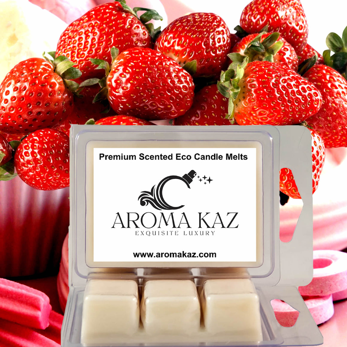 Strawberry Musk eco soy wax melts – vegan, cruelty-free featuring sweet strawberry and pink musk and pink sugar notes, handmade in Australia.