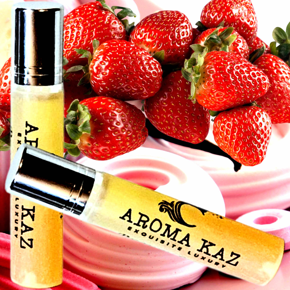 Strawberry Musk Fragrance Roll On – vegan, cruelty-free perfume roll on featuring sweet strawberry and pink musk and pink sugar notes, handmade in Australia.