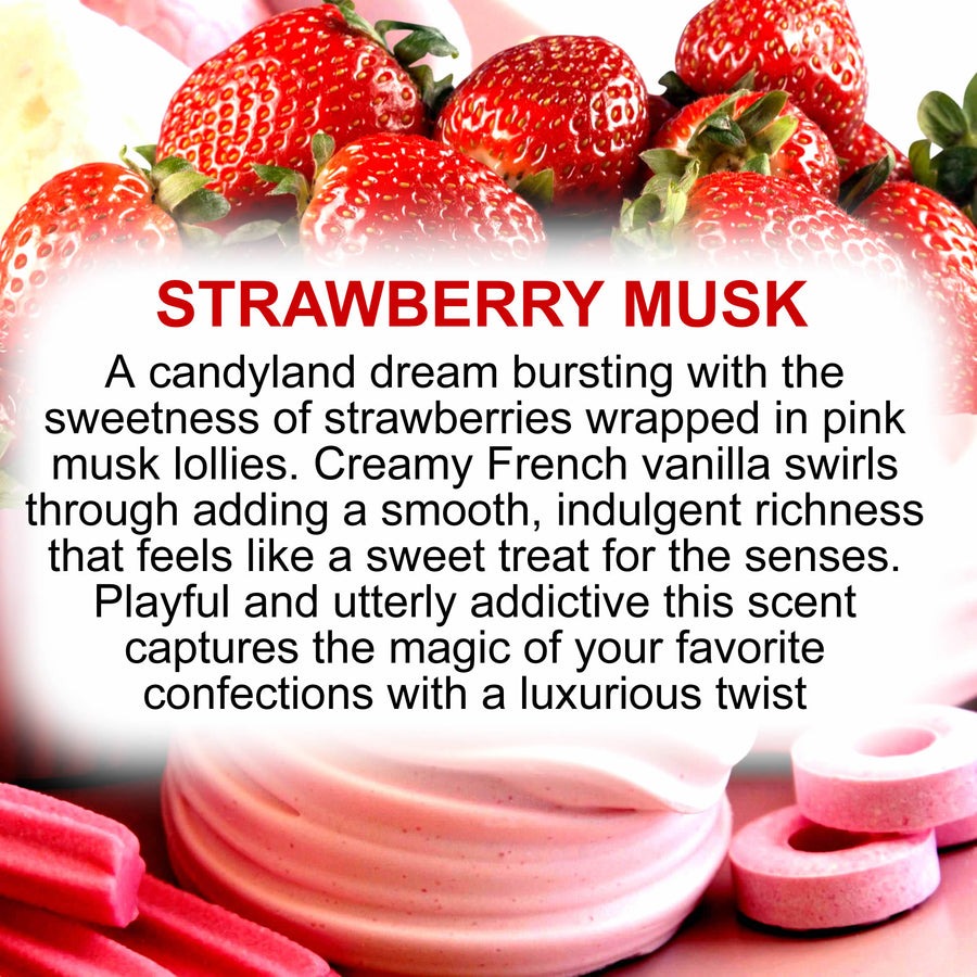 Strawberry Musk fragrance oil for candle making, soap making and perfume blending – vegan, cruelty-free featuring sweet strawberry and pink musk and pink sugar notes, handmade in Australia.