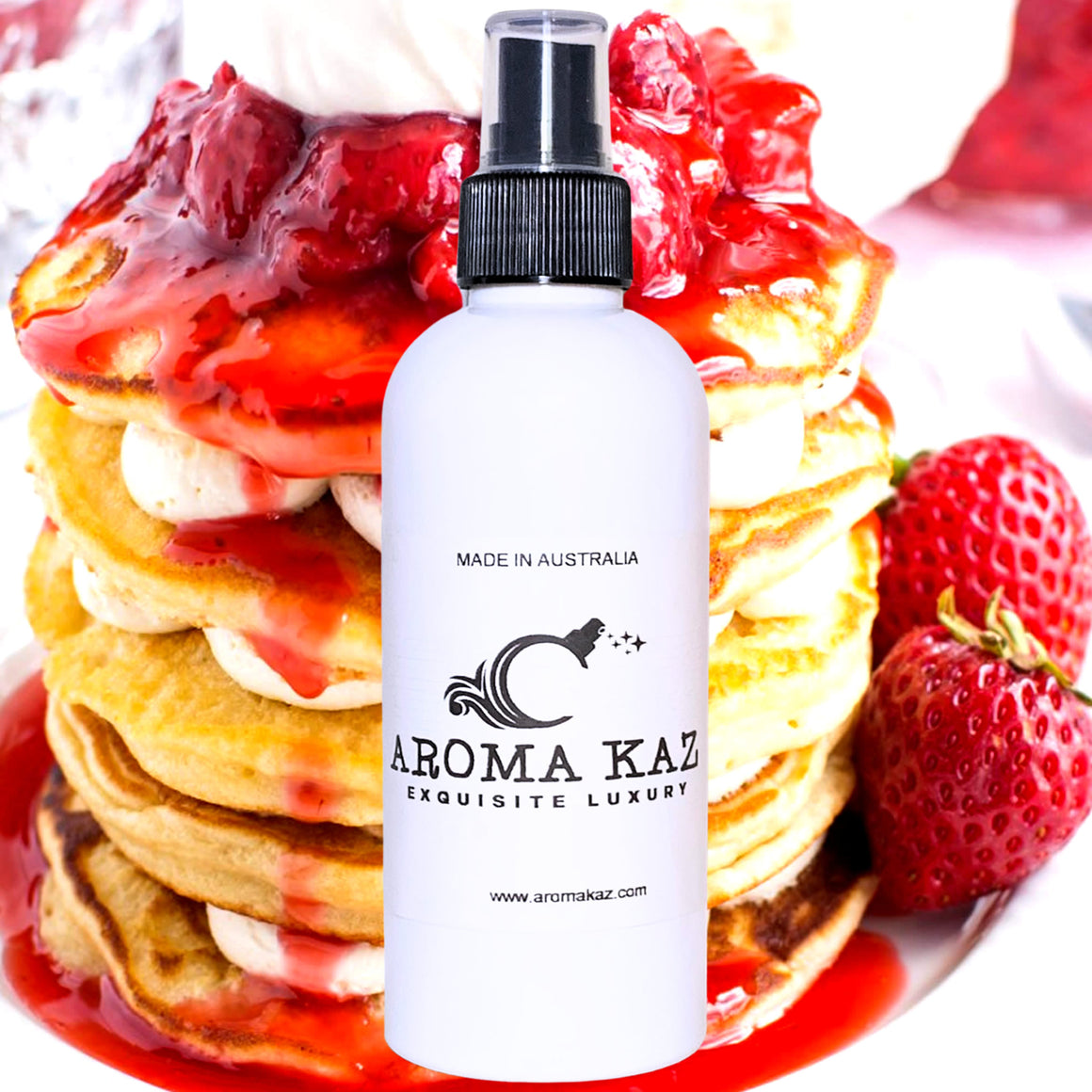 Strawberry Pancakes Body Spray Mist – vegan, cruelty-free body spray featuring warm pancakes topped with sweet strawberries and french vanilla, handmade in Australia.