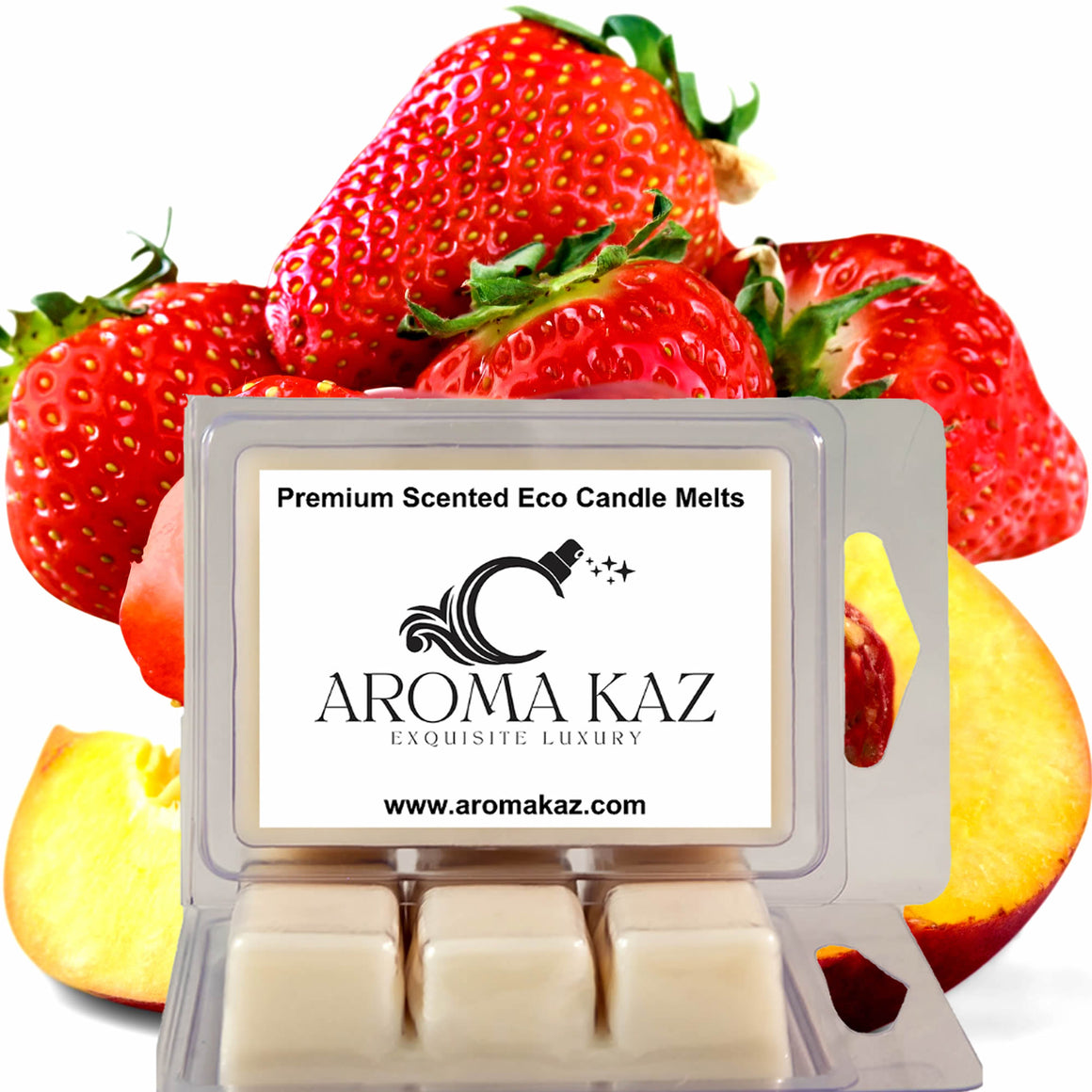 Strawberry Peaches eco soy wax melts – vegan, cruelty-free featuring ripe peaches and juicy strawberries, handmade in Australia.