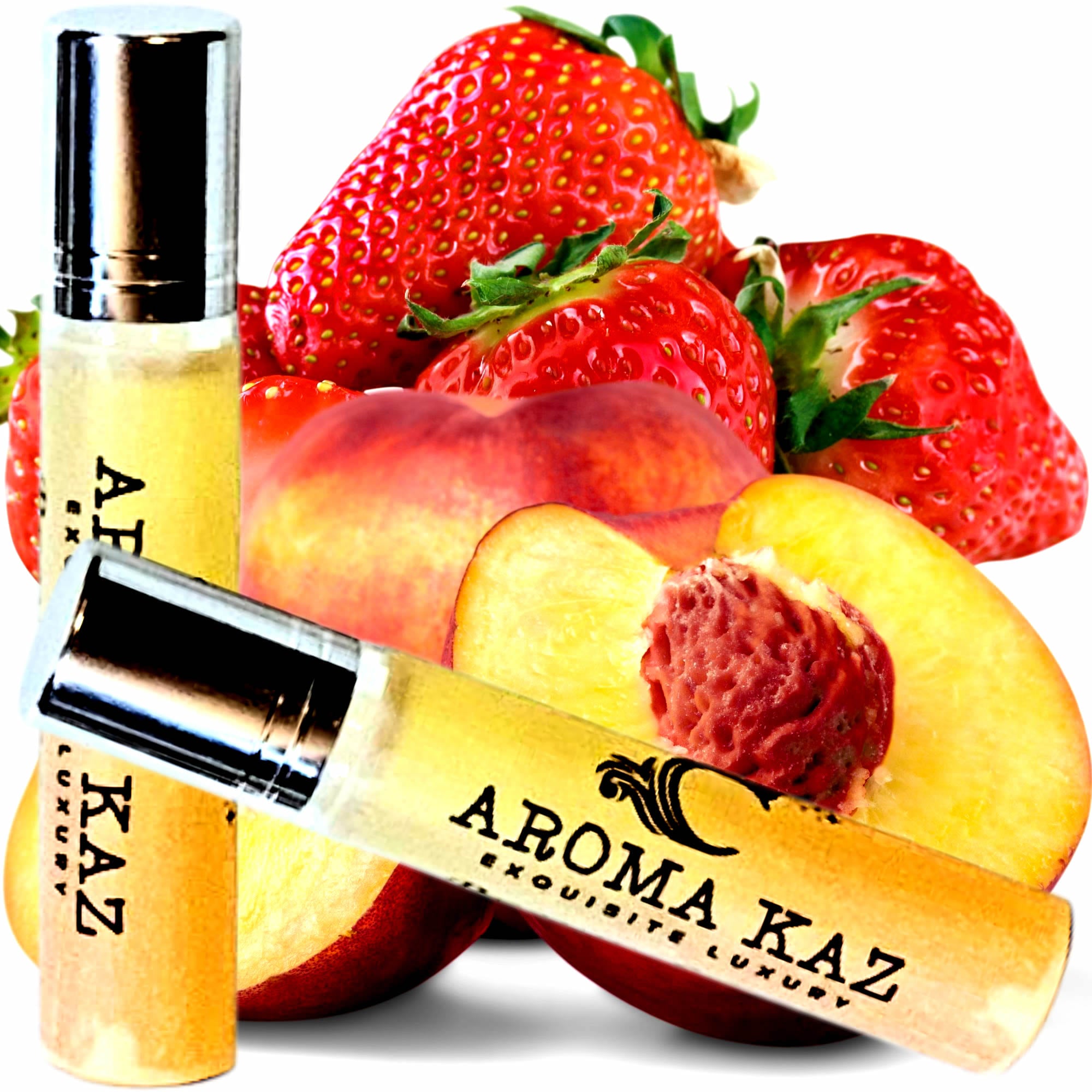 Strawberry Peaches Fragrance Roll On – vegan, cruelty-free perfume roll on featuring ripe peaches and juicy strawberries, handmade in Australia.