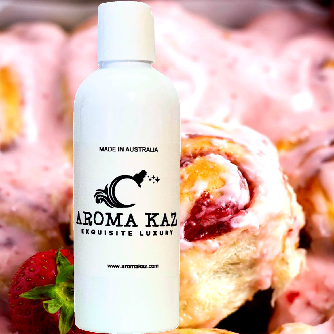 Strawberry Cinnamon Buns Bath Body Massage Oil – vegan, cruelty-free, enriched with Vitamin E. Handmade in Australia, long-lasting fragrance, suitable for all skin types and perfect as a gift for him or her.