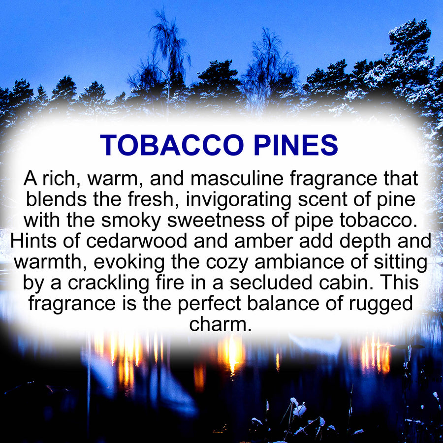 Tobacco Pines Diffuser Fragrance Oil Refill – vegan, cruelty-free featuring warm tobacco, earthy woods, and rustic pine notes, handmade in Australia.