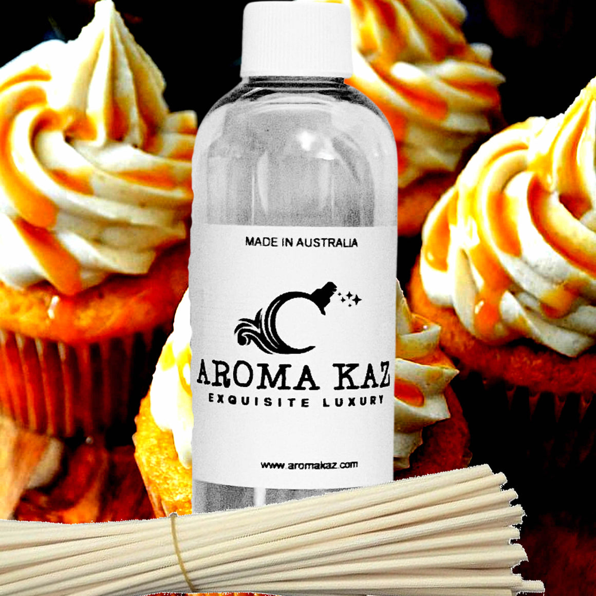 Vanilla Caramel Cupcakes Diffuser Fragrance Oil Refill – vegan, cruelty-free featuring freshly baked cupcakes, vanilla frosting, and caramel drizzle aroma, handmade in Australia.