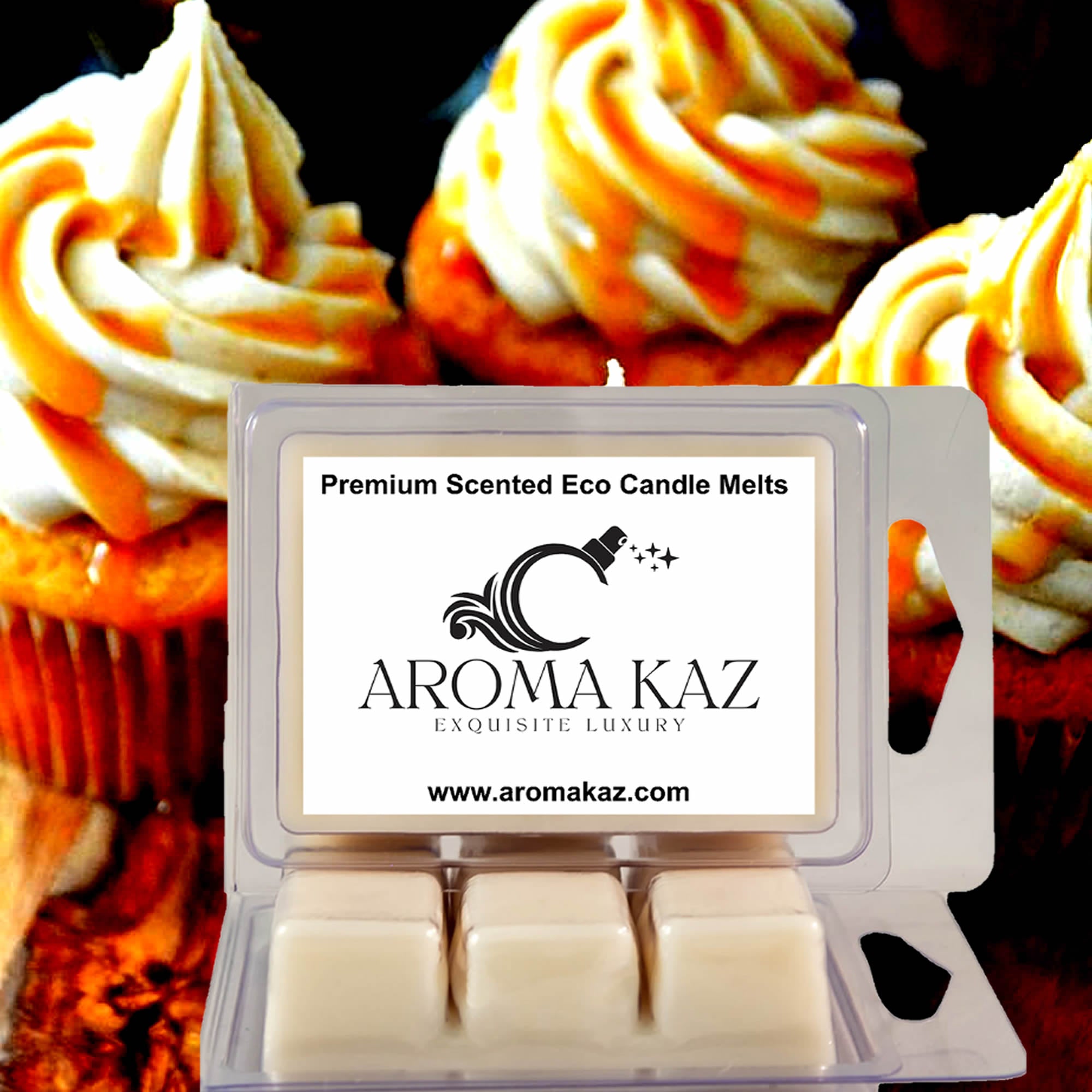 Vanilla Caramel Cupcakes eco soy wax melts – vegan, cruelty-free featuring freshly baked cupcakes, vanilla frosting, and caramel drizzle aroma, handmade in Australia.