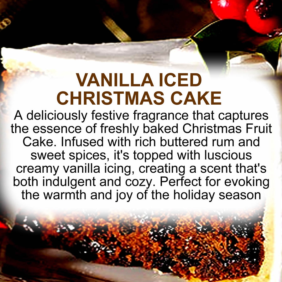 Vanilla Iced Christmas Cake Body Massage Oil – vegan, cruelty-free, plant-based hydrating oil with spiced fruitcake, vanilla icing, and festive sweetness, handmade in Australia.