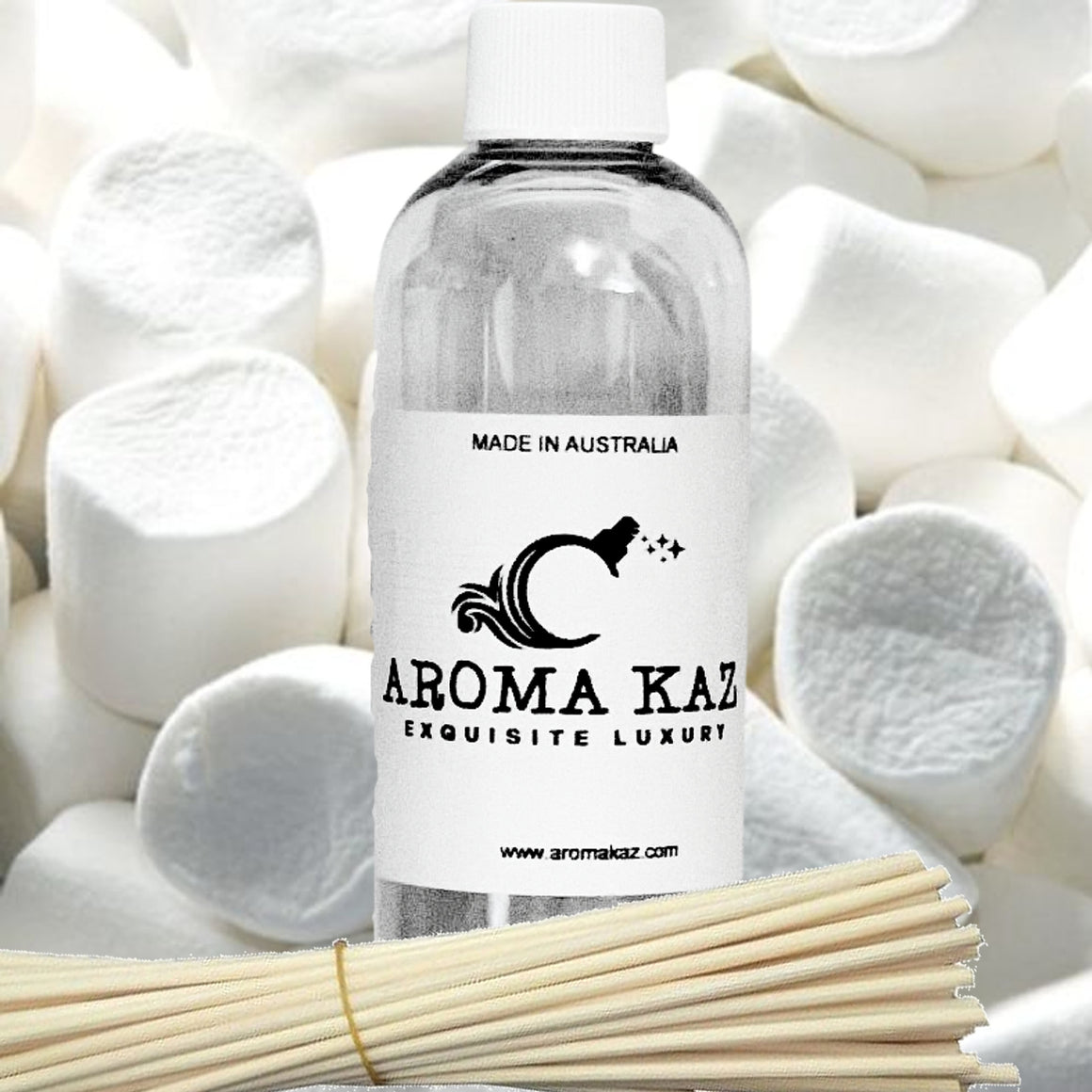 Vanilla Marshmallows Diffuser Fragrance Oil Refill – vegan, cruelty-free featuring soft creamy vanilla and fluffy marshmallow aroma, handmade in Australia.