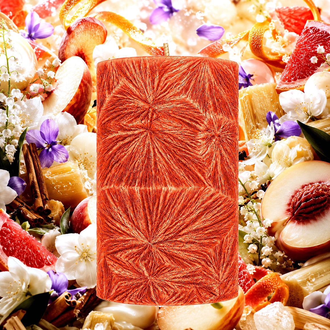 White Floral Nectarines Pillar Candle