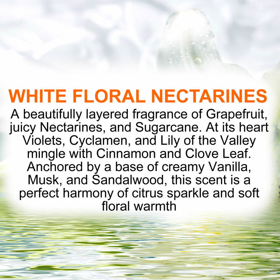 White Floral Nectarines Body Massage Oil – vegan, cruelty-free, plant-based hydrating oil with soft white florals and ripe nectarine sweetness, handmade in Australia.