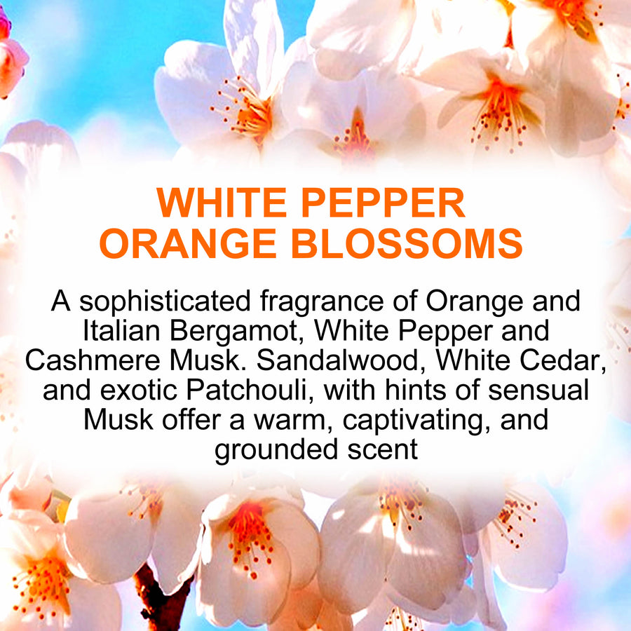 White Pepper Orange Blossoms fragrance oil for candle making, soap making and perfume blending – vegan, cruelty-free featuring bright orange blossoms and a hint of warm white pepper, handmade in Australia.