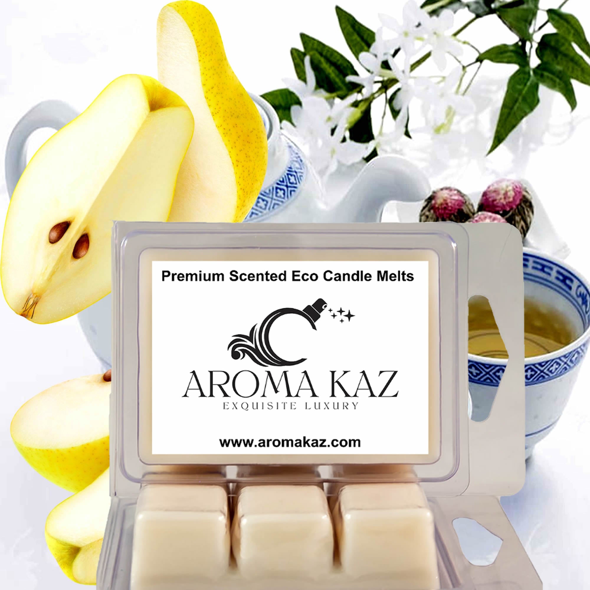 White Tea & French Pears eco soy wax melts – vegan, cruelty-free featuring fruity fresh pears and sweetened white tea, handmade in Australia.
