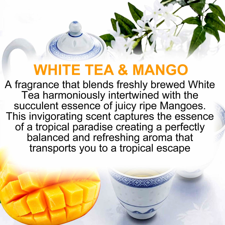 White Tea & Mango Body Massage Oil – vegan, cruelty-free, plant-based hydrating oil with juicy mango and sweet white tea notes, handmade in Australia.