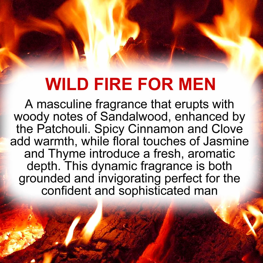Wild Fire For Men Body Spray Mist – vegan, cruelty-free body spray featuring bold smoky woods and masculine spice, handmade in Australia.